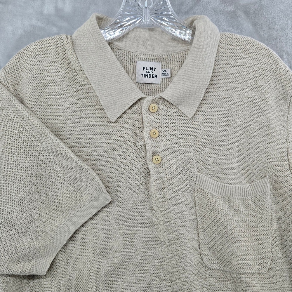 Flint and Tinder Polo Shirt Mens XL Beige Cotton‎ Linen Short Sleeve Knit Pocket